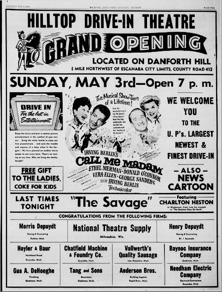 Hilltop Drive-In Theatre - Grand Opening Ad May 2 1953 (newer photo)